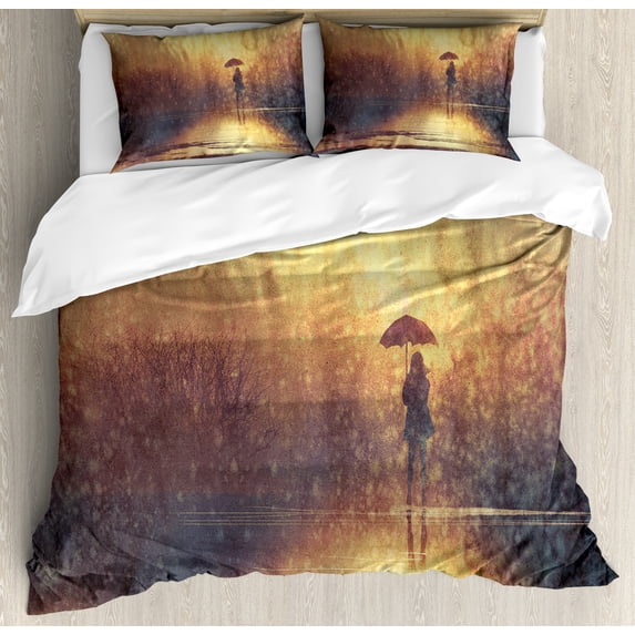 Ambesonne Modern Duvet Cover Set, Woman Under the Rain, Queen, Pale Caramel Yellow