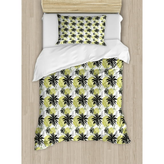 Ambesonne Modern Duvet Cover Sets, Flourishing Flowers Art, 2-Twin, Grey Black Pale Green