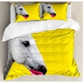 thumbnail image 1 of Ambesonne Modern Duvet Cover Sets, Horse with Pink Woman Lips, 2-King, Yellow Hot Pink Pale Grey, 1 of 6