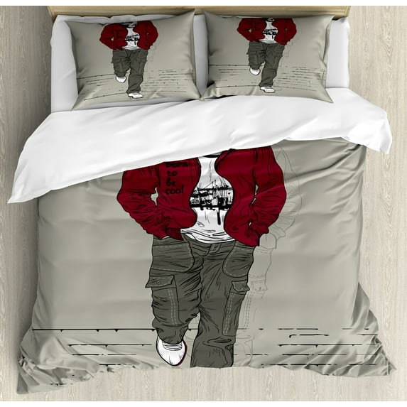 Ambesonne Modern Duvet Cover Sets, Lion Tiger Head Teenager, 2-Queen, Ruby Sage Green Black