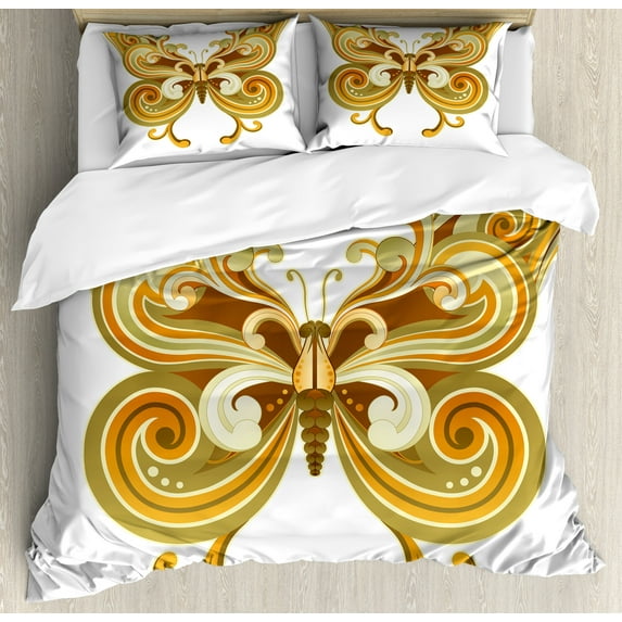 Ambesonne Modern Duvet Cover Sets, Macro Butterfly, 2-King, Cinnamon Marigold Sepia