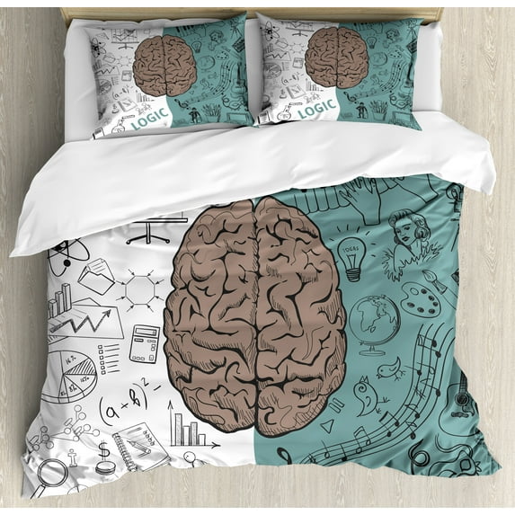 Ambesonne Modern Duvet Cover Sets, Music Logic Brain Art, 2-King, White Teal Umber