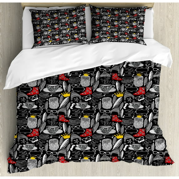Ambesonne Modern Duvet Cover Sets, Owl Crown Boots Teacup Book, 2-King, Charcoal Grey Yellow