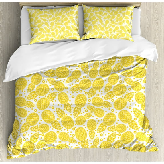 Ambesonne Modern Duvet Cover Sets, Pineapple Fruit, 2-King, White and Yellow
