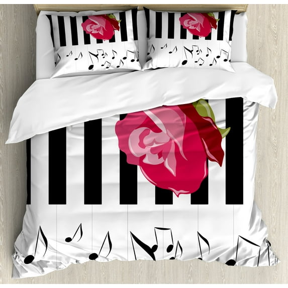 Ambesonne Modern Duvet Cover Sets, Red Rose on the Piano, 2-Queen, Pink Black White
