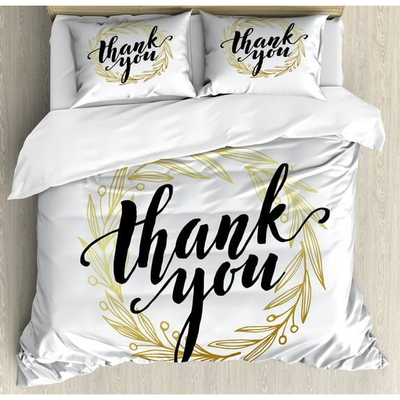 Ambesonne Modern Duvet Cover Sets, Thank You Words Leaves, 2-King, Yellow and Black