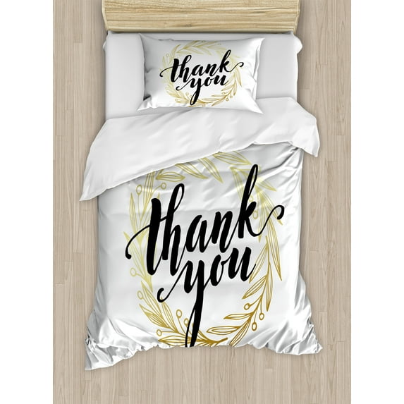Ambesonne Modern Duvet Cover Sets, Thank You Words Leaves, 2-Twin, Yellow and Black