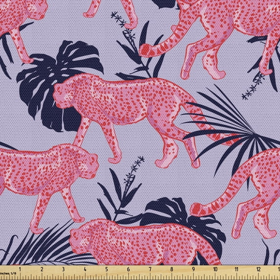 Ambesonne Modern Exotic Fabric by the Yard Upholstery, Boho Jungle Leopards, 10 Yards, Lilac Coral and Indigo