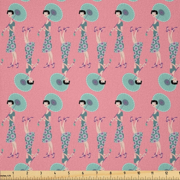 Ambesonne Modern Fabric by the Yard Microfiber, Girl Holds Umbrella Hipster, 3 Yards, Pale Pink and Turquoise