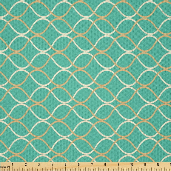 Ambesonne Modern Fabric by the Yard Microfiber, Wavy Horizontal Lines, 2 Yards, Pale Orange Turquoise