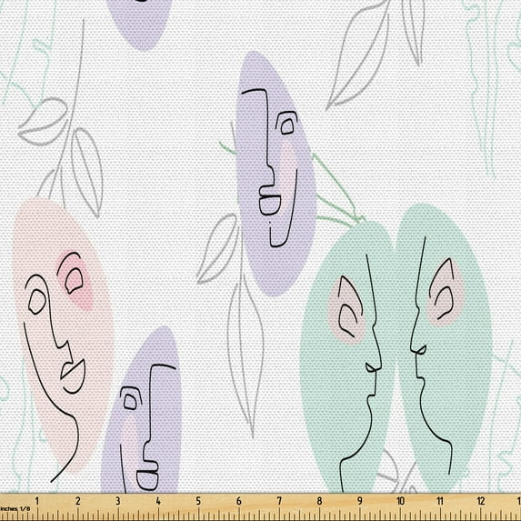 Ambesonne Modern Fabric by the Yard Upholstery, Minimalist Lady Faces Art, 1 Yard, Pastel Purple and Green