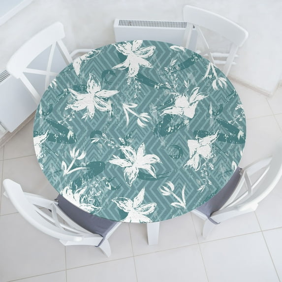 Ambesonne Modern Fitted Round Tablecloth, Brush Draw Floral Abstract, 56"- 60" Diameter, Cadet Blue and Grey Teal