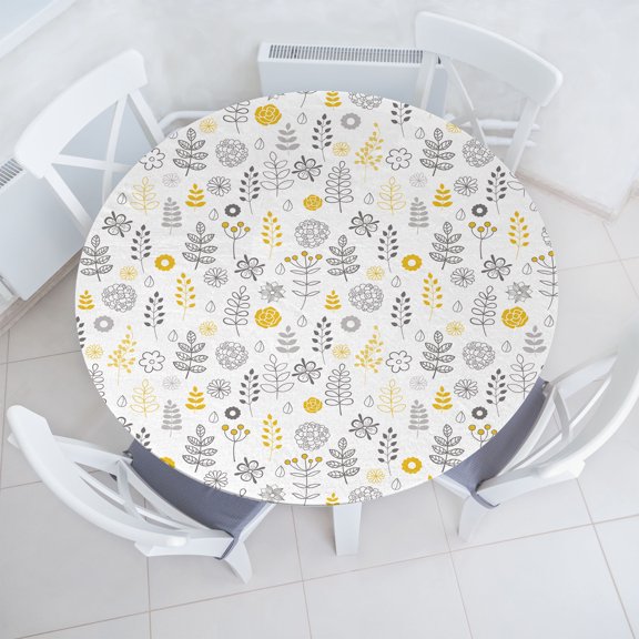 Ambesonne Modern Fitted Round Tablecloth, Wild Forest Leaf Flowers, 36"- 40" Diameter, Grey Mustard White