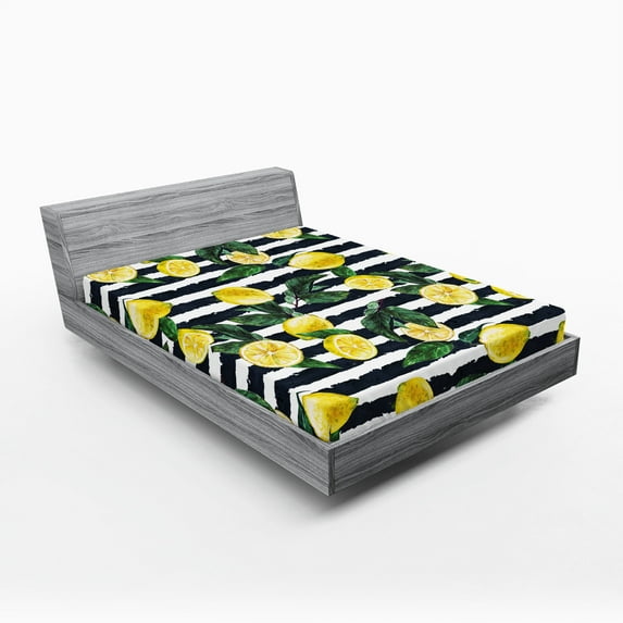 Ambesonne Modern Fitted Sheet 2 Pcs Set, Fresh Lemons Striped, California King, Hunter Green Indigo