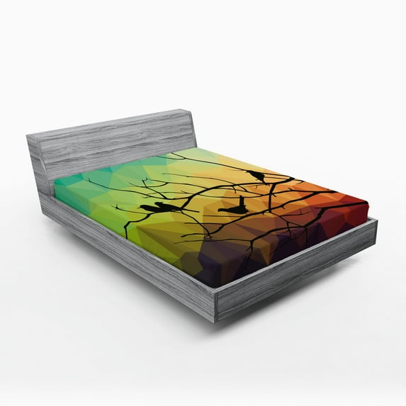 Ambesonne Modern Fitted Sheet, Abstract Bird and Branch, Queen Size, Multicolor