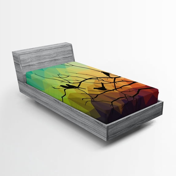 Ambesonne Modern Fitted Sheet, Abstract Bird and Branch, Twin XL Size, Multicolor