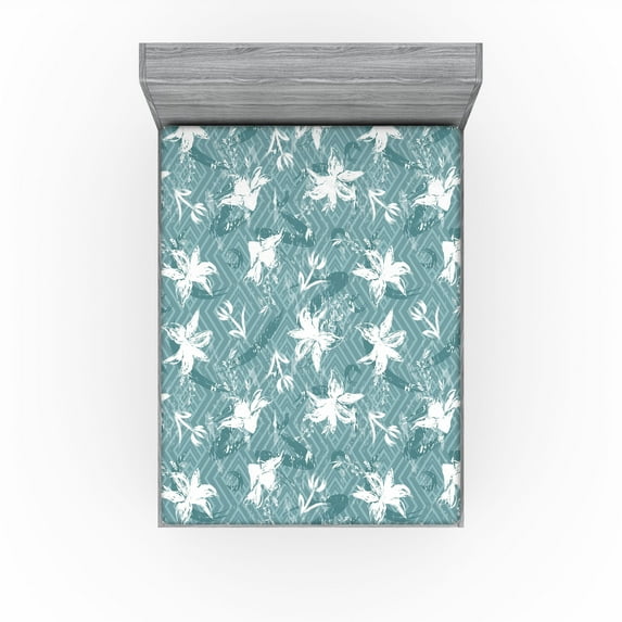 Ambesonne Modern Fitted Sheet, Brush Draw Floral Abstract, Queen Size, Cadet Blue and Grey Teal