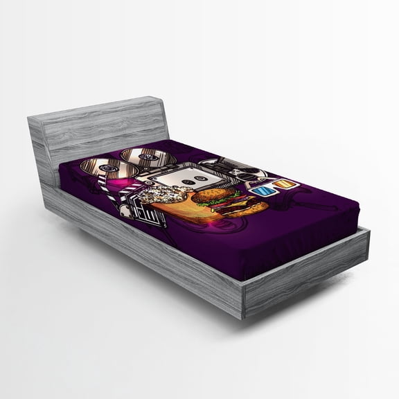 Ambesonne Modern Fitted Sheet, Burgers Popcorns Cinema, Twin Size, Purple Earth Yellow