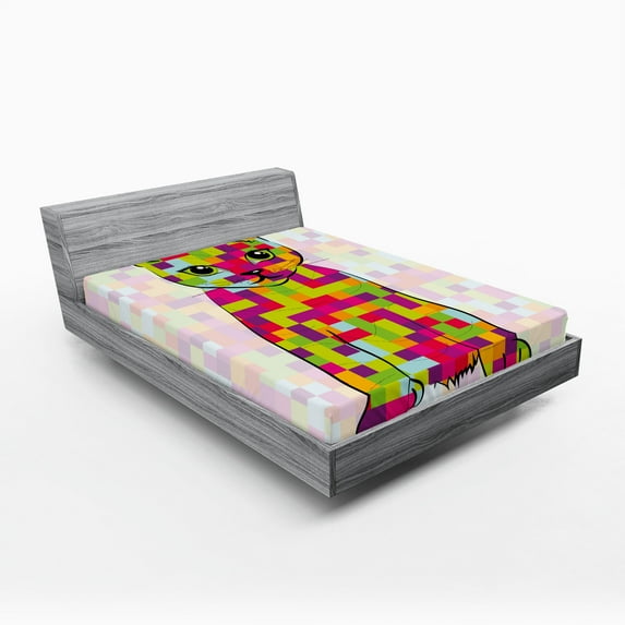 Ambesonne Modern Fitted Sheet, Cat Digital Colors, Queen Size, Multicolor