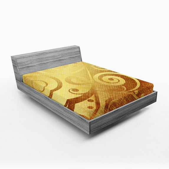 Ambesonne Modern Fitted Sheet, Floral Swirls Leaves, Queen Size, Earth Yellow Brown