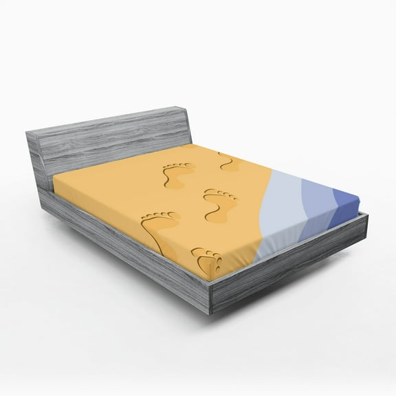 Ambesonne Modern Fitted Sheet, Footprints Sand Seaside, Queen Size, Pale Blue Apricot