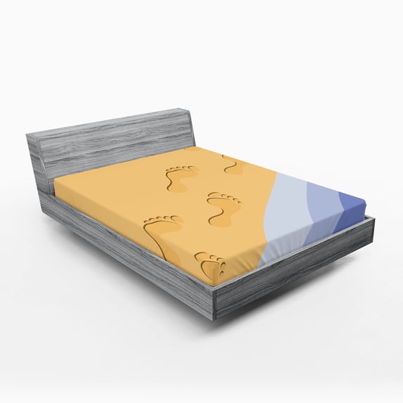 Ambesonne Modern Fitted Sheet, Footprints Sand Seaside, Queen Size, Pale Blue Apricot