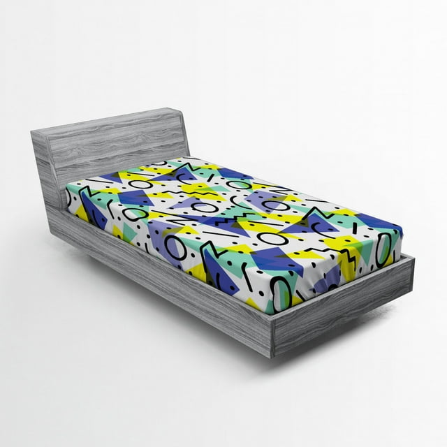 Ambesonne Modern Fitted Sheet, Geometric Retro Theme, Twin Size, Blue Yellow and Black