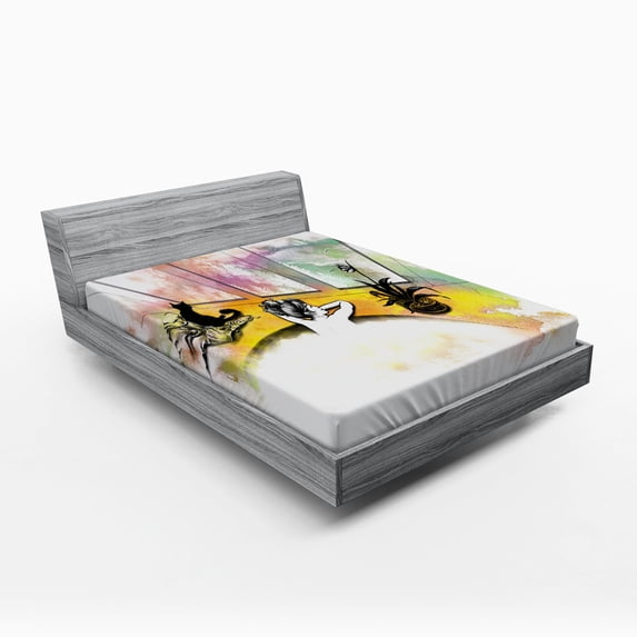 Ambesonne Modern Fitted Sheet, Girl and Cat in Bath, Full Size, Multicolor