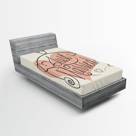 Ambesonne Modern Fitted Sheet, Just Married Tulip Heart, Twin XL Size, Coral Black White