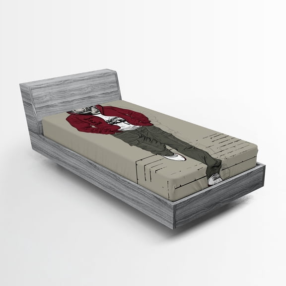 Ambesonne Modern Fitted Sheet, Lion Tiger Head Teenager, Twin Size, Ruby Sage Green Black