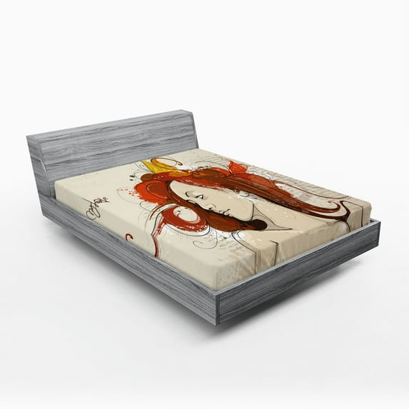 Ambesonne Modern Fitted Sheet, Muse Woman Grungy Mystic, Queen Size, Beige Dark Orange