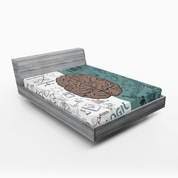 Ambesonne Modern Fitted Sheet, Music Logic Brain Art, Queen Size, White Teal Umber