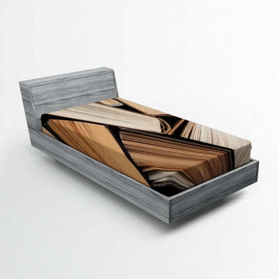 Ambesonne Modern Fitted Sheet, Pile of Old Book Library, Twin XL Size, Brown Beige