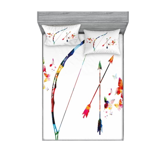 Ambesonne Modern Fitted Sheet & Pillow Sham Set, Abstract Bow and Arrow, Queen, Multicolor