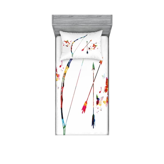 Ambesonne Modern Fitted Sheet & Pillow Sham Set, Abstract Bow and Arrow, Twin, Multicolor