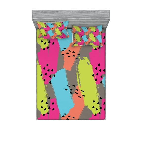Ambesonne Modern Fitted Sheet & Pillow Sham Set, Abstract Colors Triangle, Full, Multicolor