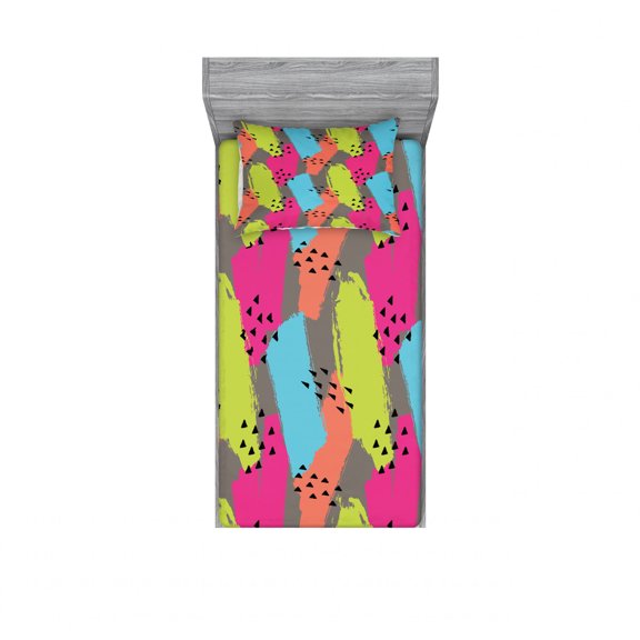 Ambesonne Modern Fitted Sheet & Pillow Sham Set, Abstract Colors Triangle, Twin, Multicolor