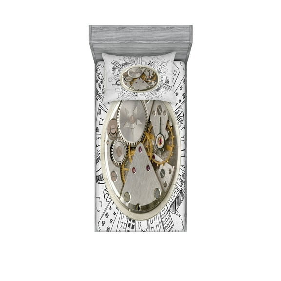 Ambesonne Modern Fitted Sheet & Pillow Sham Set, Alarm Clock with Clouds, Twinxl, Pale Grey