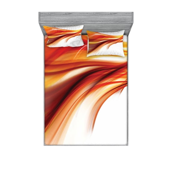 Ambesonne Modern Fitted Sheet & Pillow Sham Set, Blurred Smock Art Rays, Queen, Orange Red