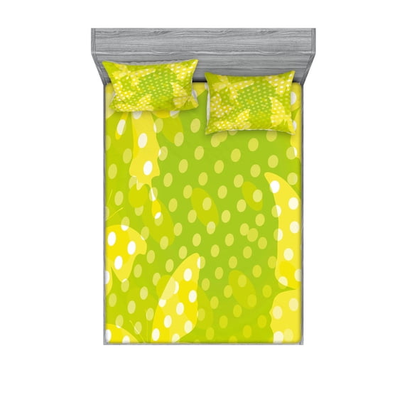 Ambesonne Modern Fitted Sheet & Pillow Sham Set, Butterfly Shapes Dots, Full, Pale Green Yellow