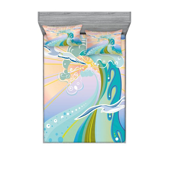 Ambesonne Modern Fitted Sheet & Pillow Sham Set, Cartoon Like Waves, Queen, Multicolor