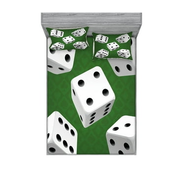 Ambesonne Modern Fitted Sheet & Pillow Sham Set, Casino Rolling Dice Set, Queen, Charcoal Grey Fern Green