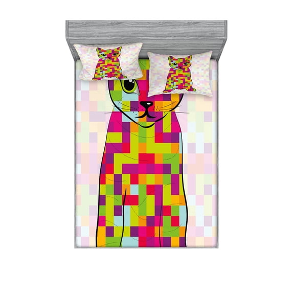 Ambesonne Modern Fitted Sheet & Pillow Sham Set, Cat Digital Colors, Queen, Multicolor