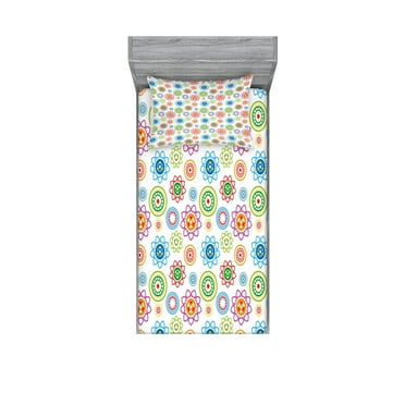 Ambesonne Modern Fitted Sheet & Pillow Sham Set, Colorful Flower Style Circle, Twinxl, Multicolor