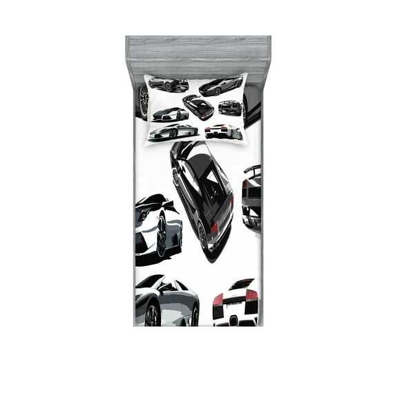 Ambesonne Modern Fitted Sheet & Pillow Sham Set, Contemporary Sport Cars Art, Twin, Pale Sage Green White