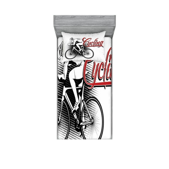 Ambesonne Modern Fitted Sheet & Pillow Sham Set, Cycling Man Sport Bike, Twinxl, Black White Red