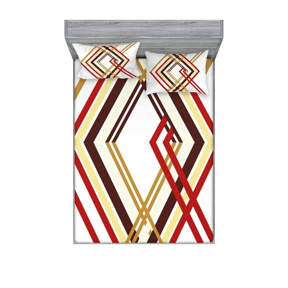 Ambesonne Modern Fitted Sheet & Pillow Sham Set, Diamond Like Border Line, Full, Caramel Brown