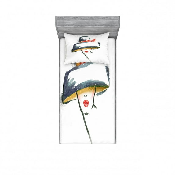 Ambesonne Modern Fitted Sheet & Pillow Sham Set, Fashion Woman with a Hat, Twin, Blue Grey Red Yellow