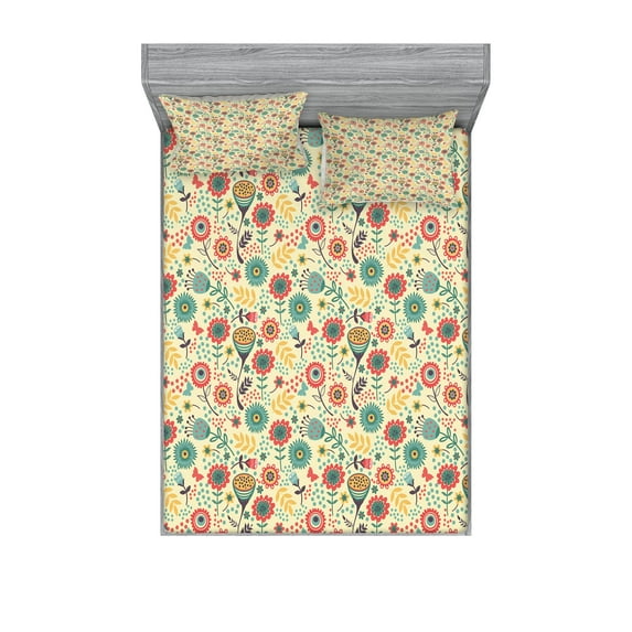 Ambesonne Modern Fitted Sheet & Pillow Sham Set, Flower Bouquet Botany, Full, Multicolor