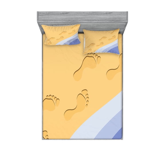 Ambesonne Modern Fitted Sheet & Pillow Sham Set, Footprints Sand Seaside, Full, Pale Blue Apricot